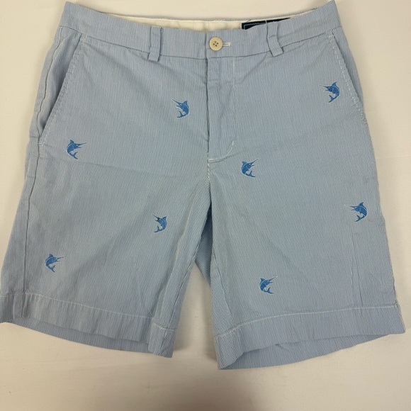 Vineyard Vines Seersucker Marlin Embroidered Shorts 8” Size‎ 30 Blue and White - Picture 1 of 7